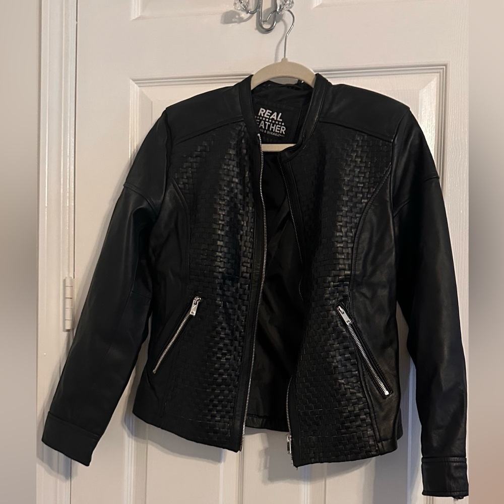 Medium black leather bomber jacket brand new!!